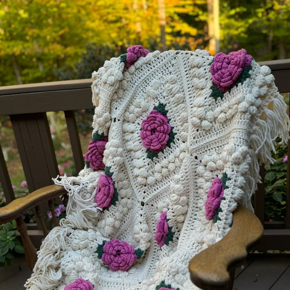 Cream and Rose Popcorn Granny Handmade Crocheted Afghan
